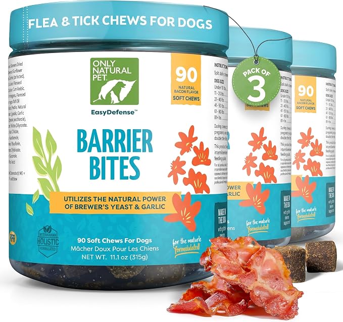 Only Natural Pet EasyDefense Barrier Bites Soft Flea Chews for Dogs - First Line of Defense Againts Fleas & Ticks, Boosts Immune System and Healthy Skin & Coat - (90 Bacon Flavored Soft Chews) 3 Pack