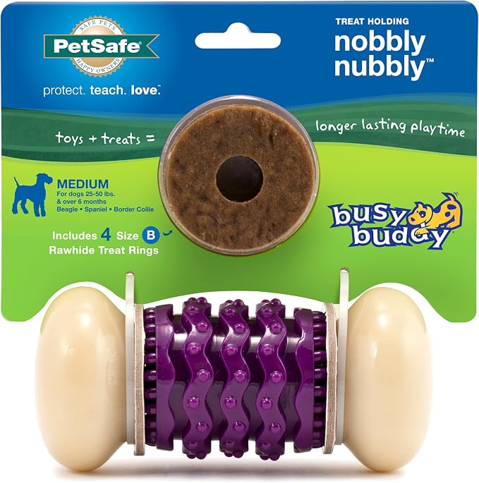 PetSafe Busy Buddy Nobbly Nubbly Treat Holding Dog Chew Toy, Medium | Durable Nylon & Vanilla-Scented Rubber, Add Treat Rings or Peanut Butter, Top-Rack Dishwasher Safe, for Dogs 25-50 Lb
