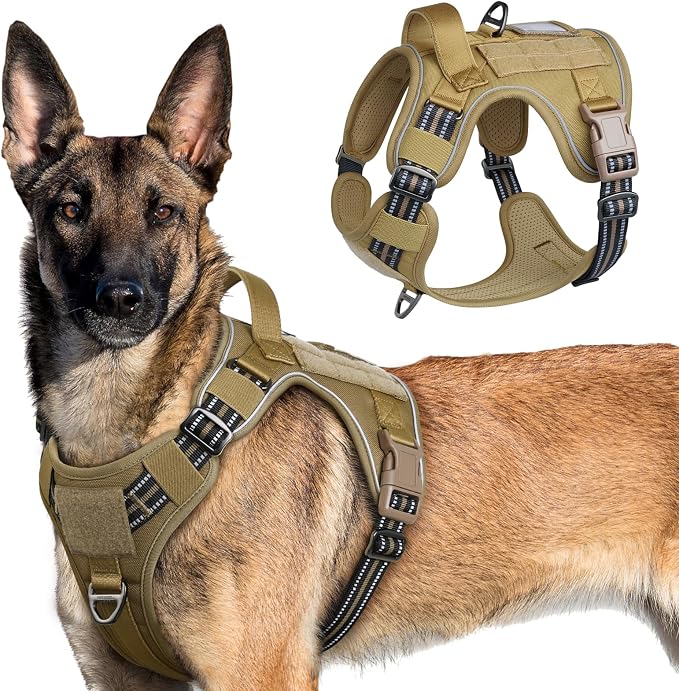 rabbitgoo Tactical Dog Harness for X-Large, No Pull Military Service Vest | Molle & Handle, Heavy Duty, Adjustable, Reflective Straps, Easy Control for Training Walking, Brown, X-Large