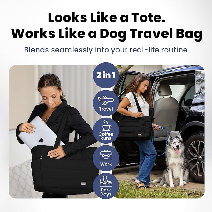 rubyloo Puffer Dog Travel Bag with Bowls & Food Storage, Black