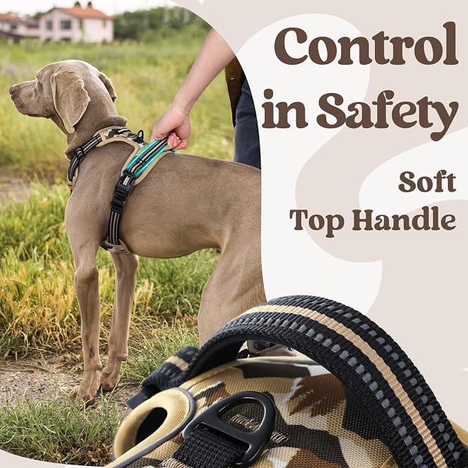 rabbitgoo Dog Harness Medium Sized, Updated Easy On & Off with 3 Buckles | No Pull No Choke, Walking with 2 Clips and Handle, Adjustable Soft Reflective, Desert Ridge, Medium