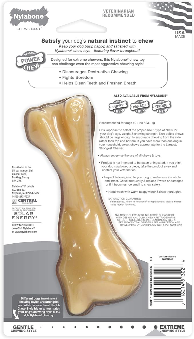 Nylabone Power Chew Butcher Bone Dog Chew Toy, Chicken Flavor, XX-Large | Durable dog toys for aggressive chewers, long lasting, discourages destructive chewing, for dogs 50++ lbs