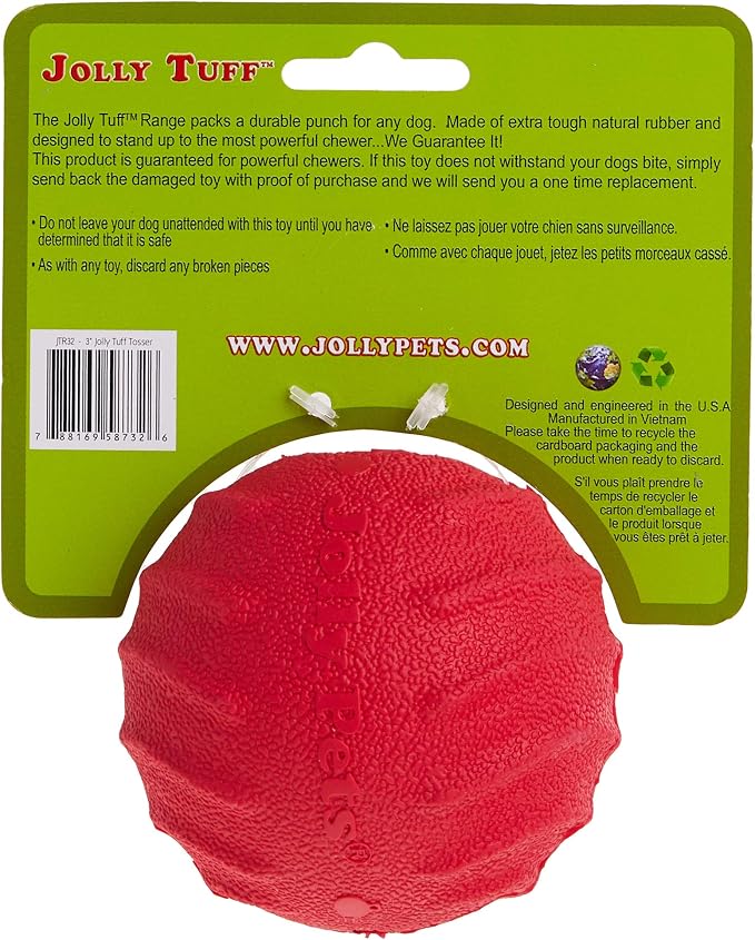 Jolly Pets Tuff Tosser Bouncing Ball Tog Toy/Treat Holder, 3 Inches, Red | Extra-tough treat-dispensing rubber toy with an erratic bounce — cleans teeth, dishwasher safe