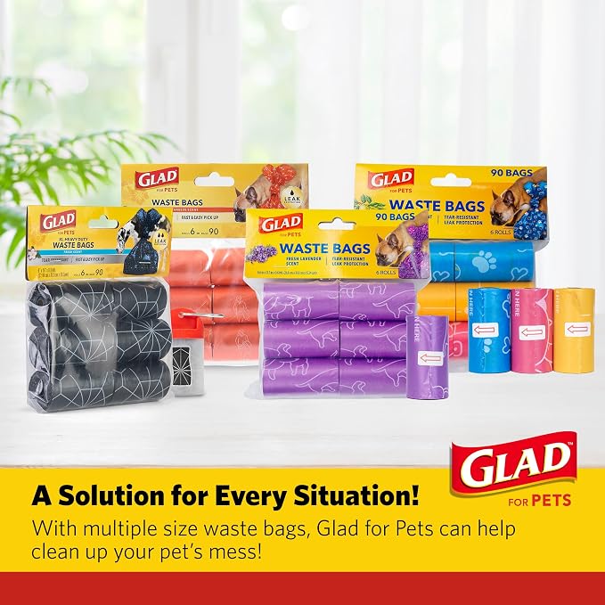 Glad for Pets Scented Dog Waste Bags, Tear-Resistant Pet Poop Pick-up Bags with Leak Protection, Fresh Lavender Scent, Fun Purple Bag Designs, 6 Rolls, 90 Bags Total
