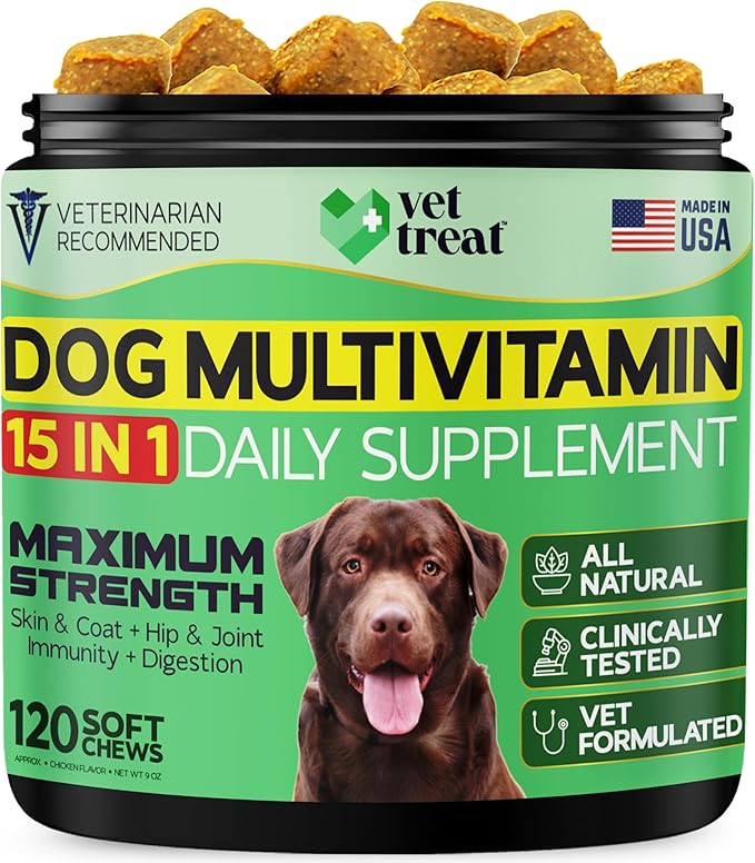 Dog Multivitamin – 15 in 1 Daily Supplement for Dogs with Glucosamine, Probiotics, Omega Fish Oil & Vitamins – Skin Coat, Immunity, Digestion, Hip & Joint Support – Made in USA – 120 Soft Chews