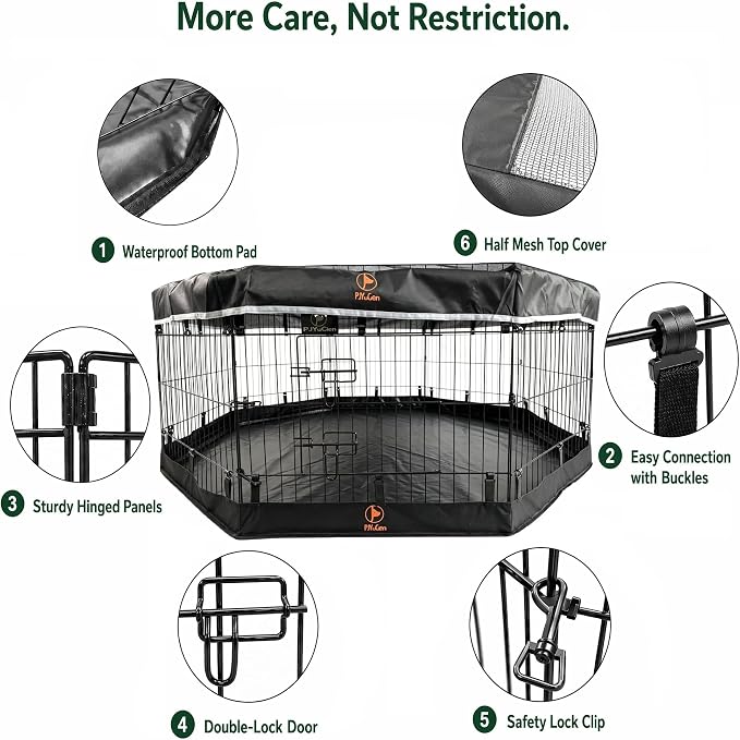 PJYuCien Octagonal Dog Playpen with Top Cover and Bottom Pad - Metal Foldable Exercise Pen, 8 Panels 42" H x 24" W Indoor Outdoor Pet Fence Puppy Crate Kennel, Black