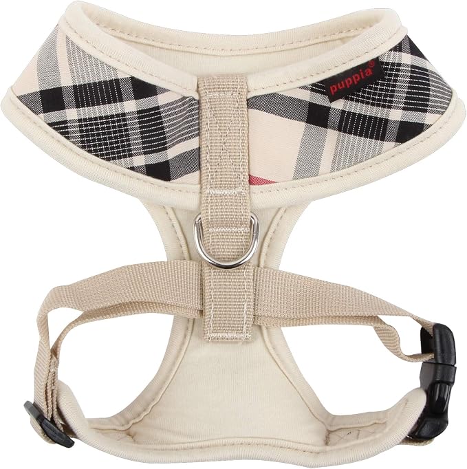 Puppia Junior Over-The-Head Dog Harness Checkered Pattern No Choke No Pull Adjustable Chest Belt Walking Training for Small and Medium Dog, X-Small, Beige