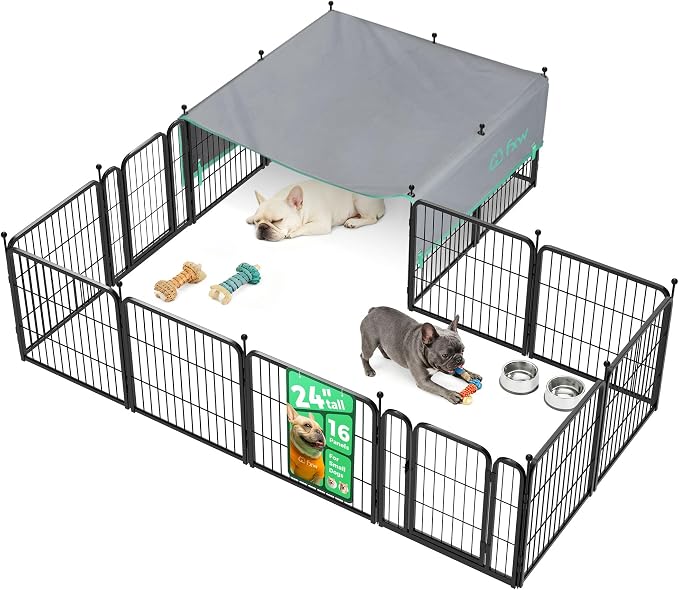 FXW Rollick Unleashed Dog Playpen, 24in, 16 Panels with Sun Shade, Small/Puppy, Black