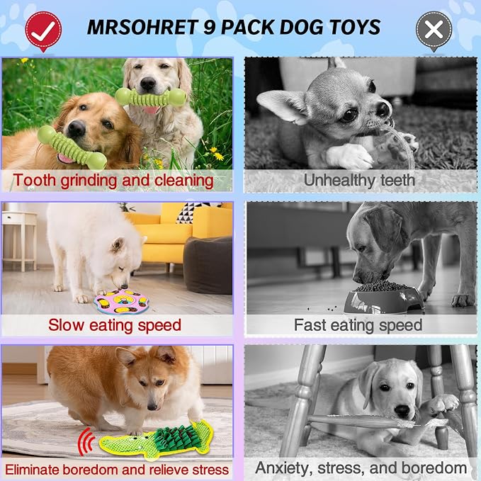 MRSOHRET 9 PCS Interactive Dog Puzzle Toy Set, Mentally Stimulating Dog Enrichment Toys for Small to Medium Smart Dogs, Includes Lick Mat with Suction Cups and Snuffle Mat for Dogs