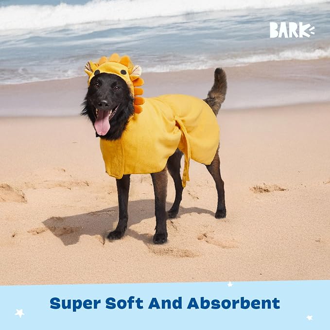 BARKBOX Dog Bathrobe - for Dogs - Large | Fast Drying, Microfiber Bath Towel - Hook & Loop Closure and Wrap Tie - Machine Washable - Lion