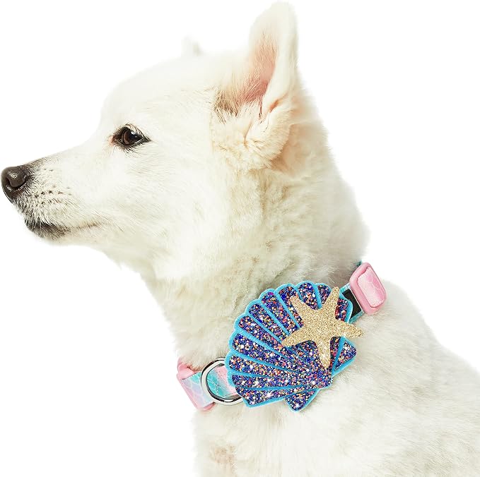 Blueberry Pet Summer Sparkle Dog Collar, Adjustable Medium Size, Neck 14.5"-20", Pink and Blue, Ocean Mermaid Scales Print Nautical Pet Collar with Detachable Seashells Accessory