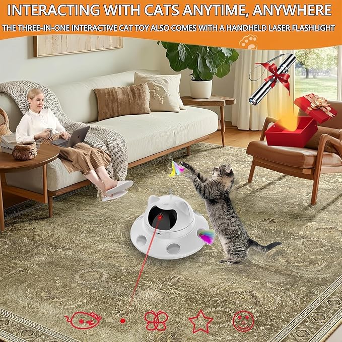 3-in-1 Auto Laser Cat Toy, USB Recharge Motion Activated Kitten Feather Chase Toy - Pure White