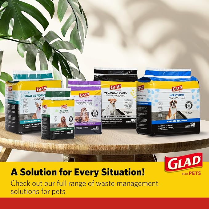 Glad for Pets Dual Action Freshness Activated Carbon Puppy Pads, Fragrance Release, Scented Odor Control, 6-Layer Leak-Proof, Pheromone Attractant, 23 x 23 Inch, 30 Count