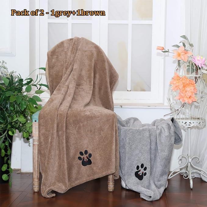 Dogvingpk Extra Large Dog Towel 2 Pack, Super Absorbent Soft Quick Drying Microfiber Pet Bath Towels for Large & Medium Dogs (XL-55" * 36", Grey and Brown)