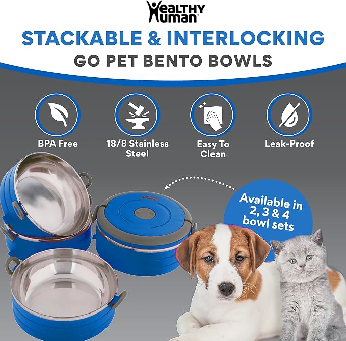 Healthy Human Travel Pet Bento Bowls, 2 Pack, Blue