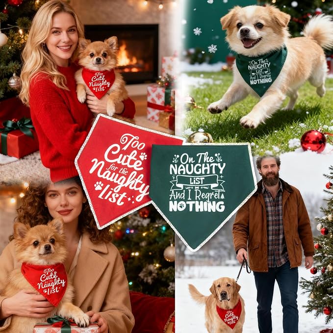 Christmas Dog Bandanas Naughty & Nice Idea Funny Holiday Stocking Pet Scarf Gifts, Large, Medium, Green