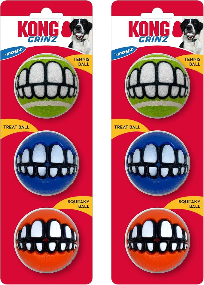 KONG Grinz by Rogz Variety Packs - Durable Bouncy Balls with Grinz Teeth - Smiley Face Dog Toy (Medium (6 Pack))