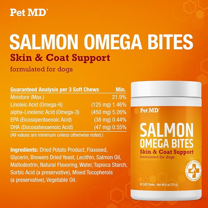 Pet MD Salmon Omega Bites for Dogs - Dog Skin and Coat Supplement - 60ct