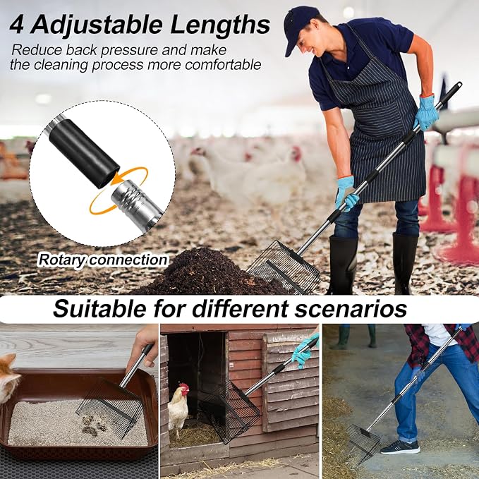 15 inch Large Chicken Poop Scooper and Rake for Sand for Shavings 74" Heavy Duty Pooper Scooper Long Handle Chicken Coop Scoop for Cleaning Tools 5-in-1 Sifting Shovel for Chicken Scoop supplies