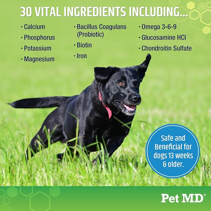 Pet MD 5-in-1 Dog Multivitamin - 30 Key Nutrients for Wellness - 120ct | For Hip & Joint Health, Immune Function, Healthy Skin & Shiny Coat, and Digestive Support - Senior Dog & Puppy Vitamins