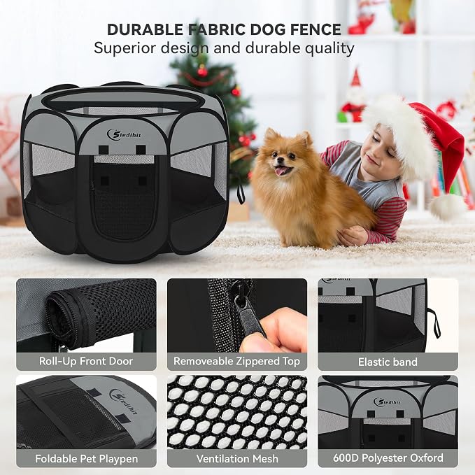 Siedihit Dog Cat Playpen, Puppy Pet Playpen Indoor for Dog Crate Tent Cage Outdoor, Portable Pop Up Dogs Enclosure Kennel with Carrying Case for Dogs/Cats/Rabbits (Dark Grey, Medium)
