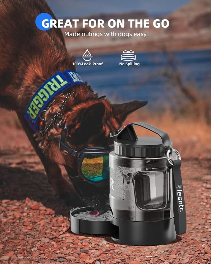 lesotc Dog Travel Water Bottle Portable with Pull-Out Drinking Bowl, 77oz Large Travel Water Bowl Dispenser for Dogs Camping Essentials Hiking Beach Road Trip Park Walking On The Go Must Haves, Black