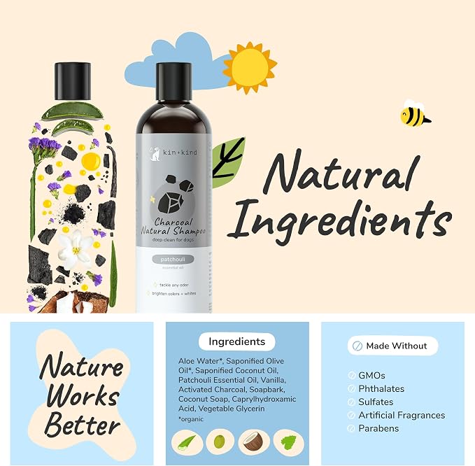 kin+kind Charcoal Natural Dog Shampoo - Deep Cleaning & Odor Control - Patchouli Fragrance - 12 fl oz