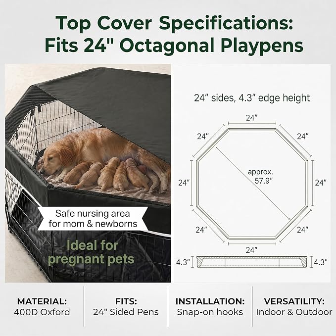 PJYuCien Octagonal Dog Playpen with Top Cover and Bottom Pad - Metal Foldable Exercise Pen, 8 Panels 42" H x 24" W Indoor Outdoor Pet Fence Puppy Crate Kennel, Black