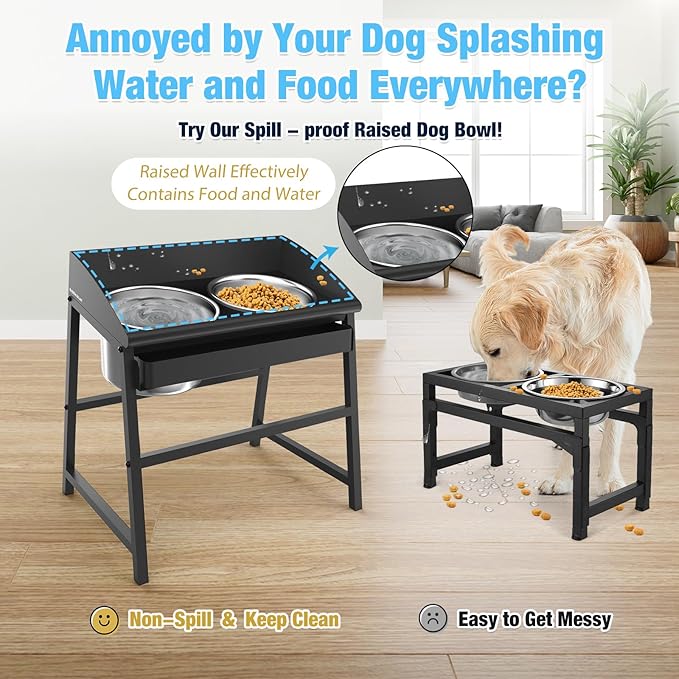 Spill Proof Tilted Elevated Dog Bowls for Large Breed, 15“ Tall Raised Dog Bowl with Stand, Stainless Steel Dog Food Bowl & Water Bowl Set for Indoor & Outdoor Use, Easy Clean Large Dog Bowl Dog Dish