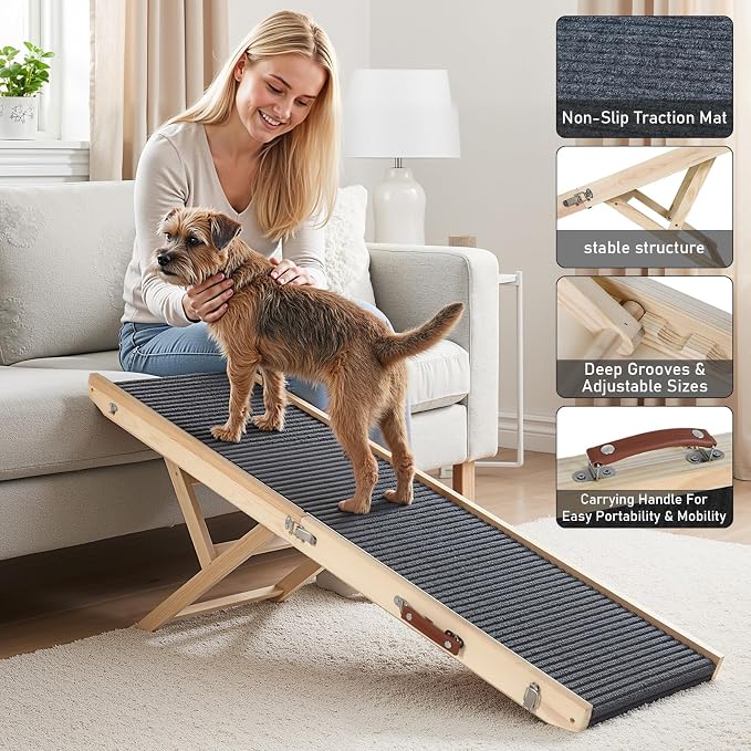 Foldable Dog Ramp for Bed and Couch - Adjustable Height with Leather Handle, Perfect for Small Dogs and Cats, Portable Pet Ramp for Easy Storage, 5 Adjustable Height, Portable 47.24'' Long