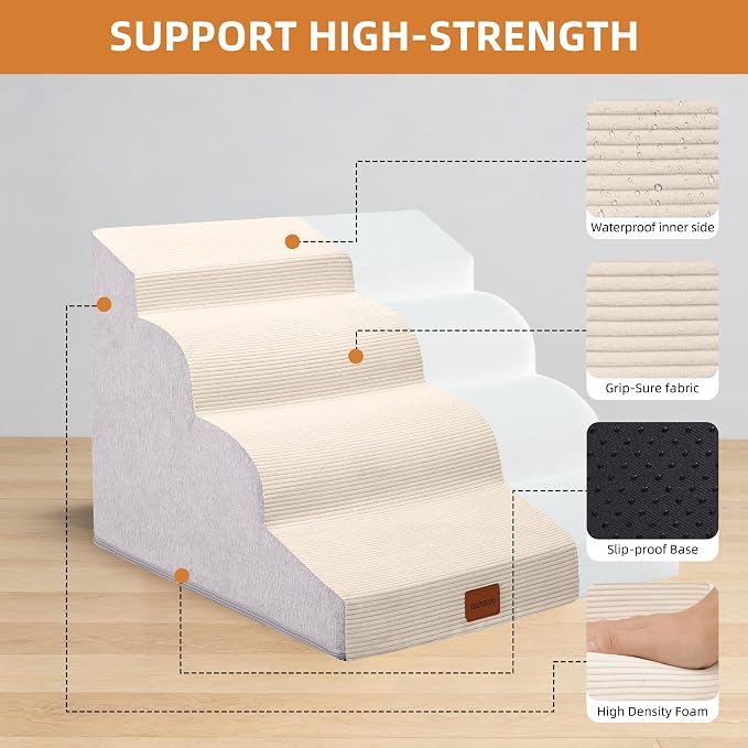 Dog Stairs for Small Dogs,19.7" H,4-Step Curved Pet Ramp for Bed Couch Sofa and Chair,Non-Slip Pet Steps for Injured & Senior Pets with Washable Cover and Durable High Density Foam,Beige