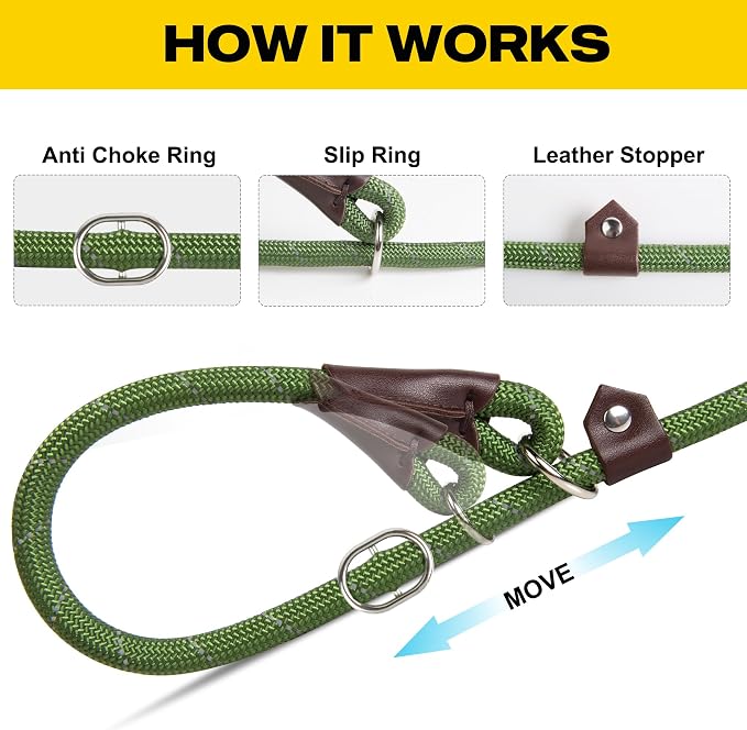 Fida Durable Slip Lead Dog Leash, 6 FT x 3/8" Heavy Duty Comfortable Strong Rope Slip Lead for Small Dogs and Puppies, No Pull Pet Training Leash with Highly Reflective(3/8", Green)