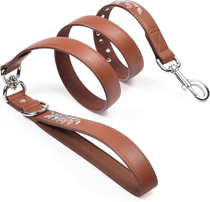 Blueberry Pet Western Cowboy Premium Brown Leather Dog Leash with Decorative Floral Design