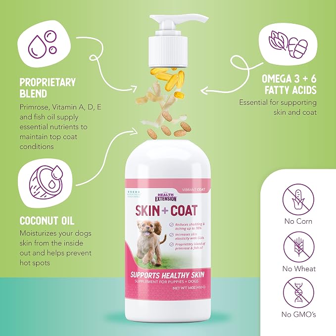 Health Extension Skin & Coat Supplement for Dogs & Puppies, 16oz - Omega 3 & 6 Rich Formula for Healthy Skin & Shiny Coat, Reduces Shedding & Itching