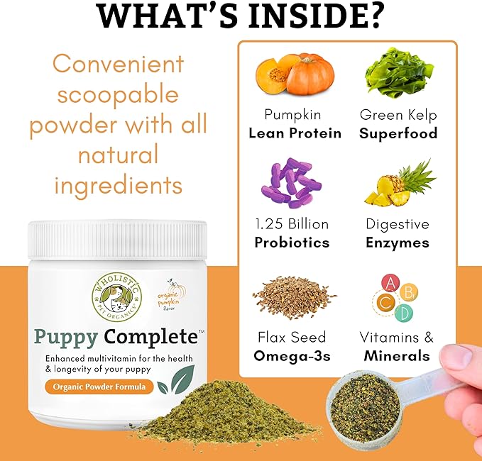 Organic Puppy Vitamins with Organic Pumpkin Protein, 1 Lb, 45 Scoops | Daily Dog Multivitamin with Prebiotics, Probiotics for Immune Support, Skin Coat, Digestion, Joint Health - Puppy Complete