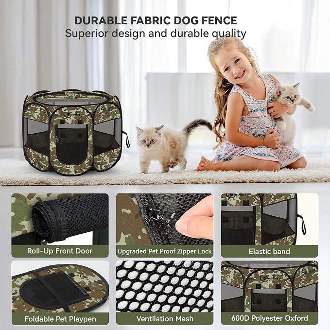 Siedihit Playpen for Small Dog Cat, Dogs Tent Crate Cage Indoor/Outdoor, Portable Pop Up Dog Kennel with Carrying Bag for Rabbits, Removable Top (Green Camo, Small)