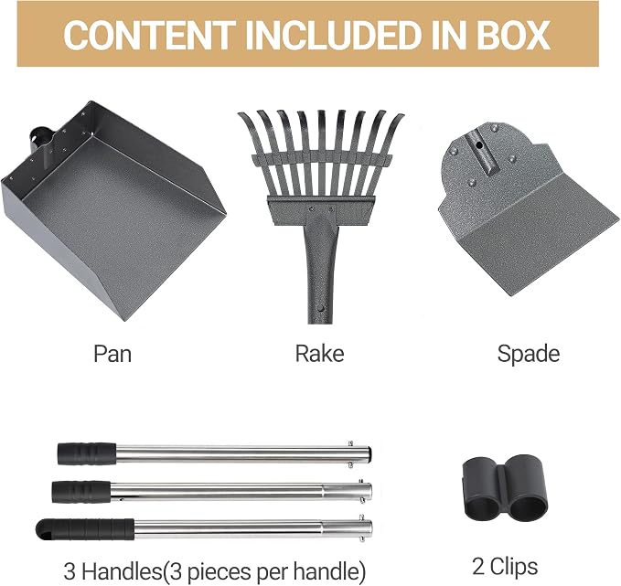 Heeyoo Dog Pooper Scooper, Dog Poop Tray and Rake Set, Pet Waste Removal Scoop with Long Adjustable Sectional Stainless Handles