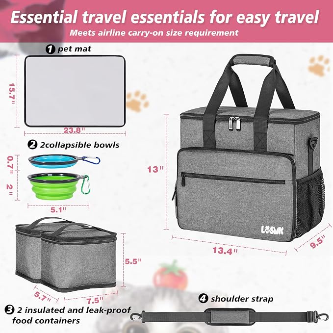 5-Set Dog Travel Bag with Food Containers, Bowls & Placemats, Grey