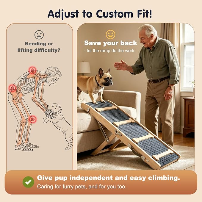 Pawaboo 2026 Upgraded Dog Ramp for Couch, Foldable Small Dog Ramp for Sofa with 7 Adjustable Heights from 2.2" to 18.5", Portable Non-Slip Pet Ramps for Couch Sofa, Wood
