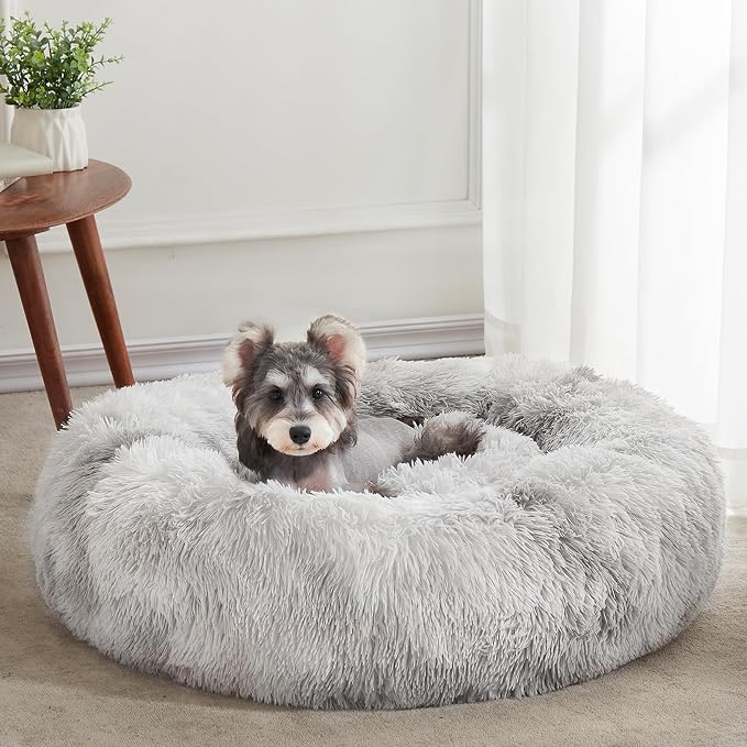 Western Home Calming Donut Small Medium Pet Dog Bed Washable,27" White Grey