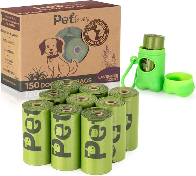 Pet Faves Eco-friendly Dog Poop Bags -100% Leak-Proof, Strong and Extra Long Doggie Poop Bags for Dogs and Cats waste bag, Lavender Scented - 150 Bags (1 pack)