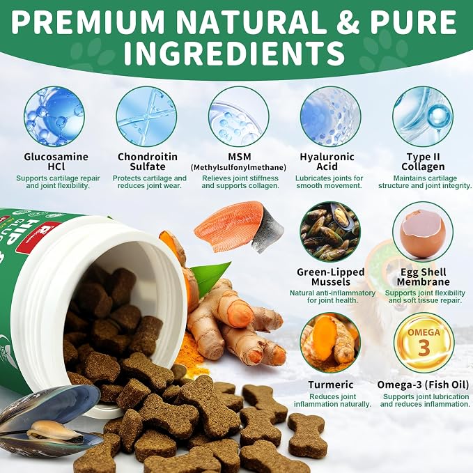 Hip and Joint Supplement for Dogs, Glucosamine Treats Chews with Chondroitin, MSM, Turmeric - Support Joint Pain Relief, Mobility, Reduce Occasional Discomfort, Fit All Ages Breeds, 150 Soft Chew