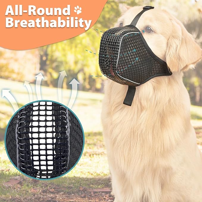 Mesh Dog Muzzle with Collar for Medium Large Dogs Anti Scavenging | Reflective for Nighttime Walks, Soft & Breathable, Anti Biting Chewing Eating, Grooming Training Use, Allows to Drink | XS