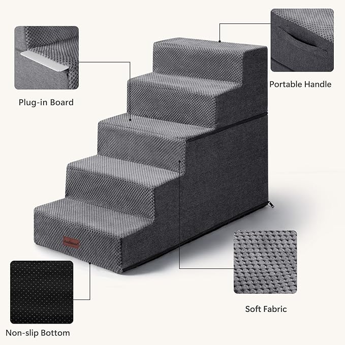 Aodisman Pet Stairs for High Bed, 5-Step Dog Stairs for Small Dogs, Indoor Non-Slip Dog Steps for Old Cats, Puppy, Small Medium Dogs,22.6" H,Gery