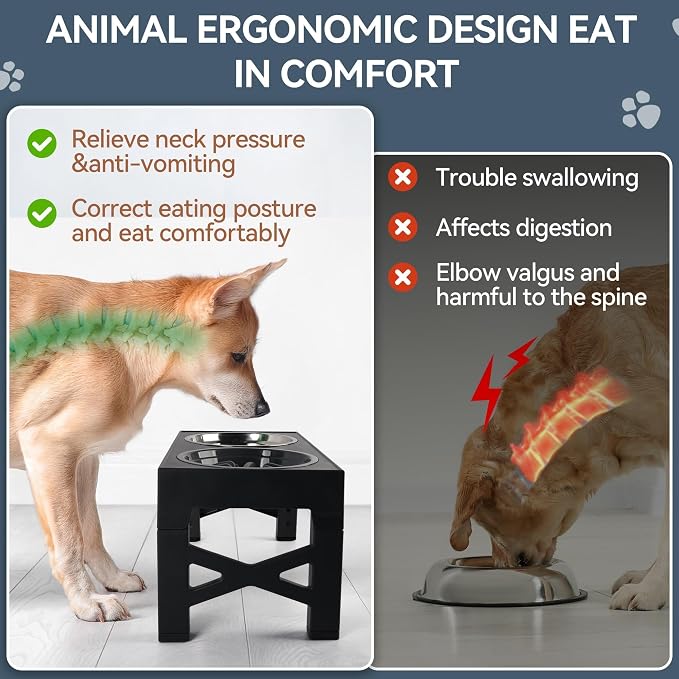 PAWISE Elevated Dog Bowls, Raised Dog Bowl with Slow Feeder Bowl & Stainless Steel Bowls, 5 Heights Adjustable Dog Feeding Bowl Stand for Small Medium Large Dogs, Food Dishes with Non-Slip Feet