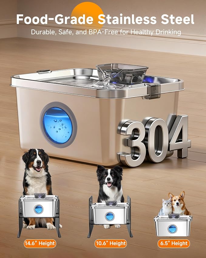 PETIMI Elevated Dog Bowl, 2 Gallon Dog & Cat Water Fountain with Stand, Large Indoor Raised Dog Bowl, Ultra Quiet Pet Fountain, Adjustable Height, Safety Lock, Anti-Tip, 3 Filters Included, Smart Pump