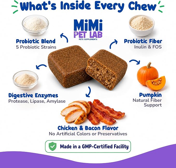 Advanced Dog Probiotics & Prebiotics - 90 Soft Chews - Vet-Formulated for Perfect Poops, Stool Consistency & Immune Support - 5 Probiotic Strains + Digestive Enzymes - Chicken & Bacon