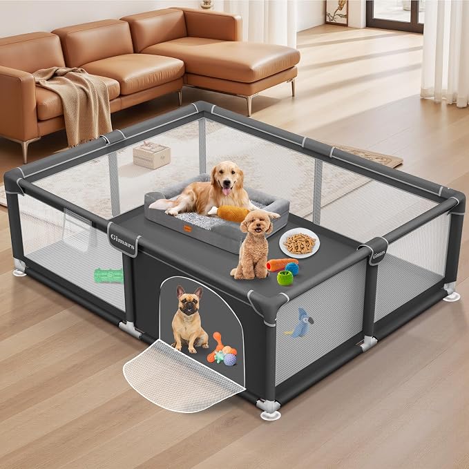 71x59x26 Inches Puppy Playpen with Gate, Dog Playpen for Puppies or Small Dogs, Sturdy Safety Dog Fence Pet Playpen with Thickened Fabric, High-Strength Nylon Wire Mesh for Indoor & Outdoor,Washable