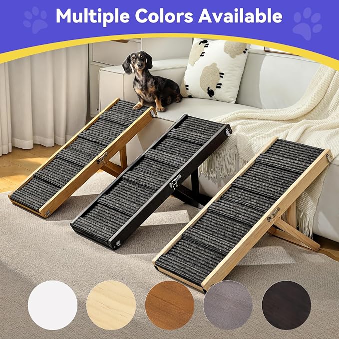 Pawaboo Foldable Dog Ramp for Couch & Sofa – 4 Adjustable Heights (13"-21") with Non-Slip Pad, Portable Pet Stairs for Small Dogs & Car, Supports Up to 33 lbs, Walnut