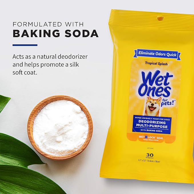 Wet Ones for Pets Deodorizing Multi-Purpose Dog Wipes with Baking Soda Dog Deodorizing Wipes for All Dogs in Tropical Splash Scent, Wipes with Wet Lock Seal Pouch Dog Wipes(Pack of 2,30 Count)